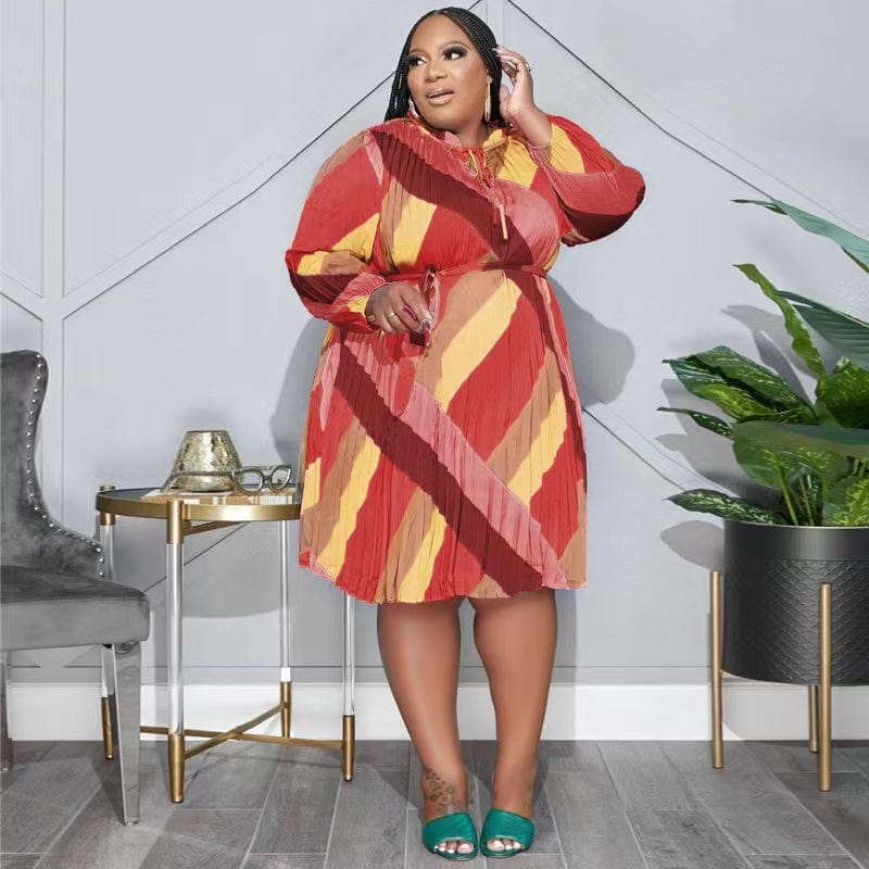 J&H 2023 new arrivals color print pleat fabric 5XL plus size dress for ladies fall fashion causal long sleeve dresses