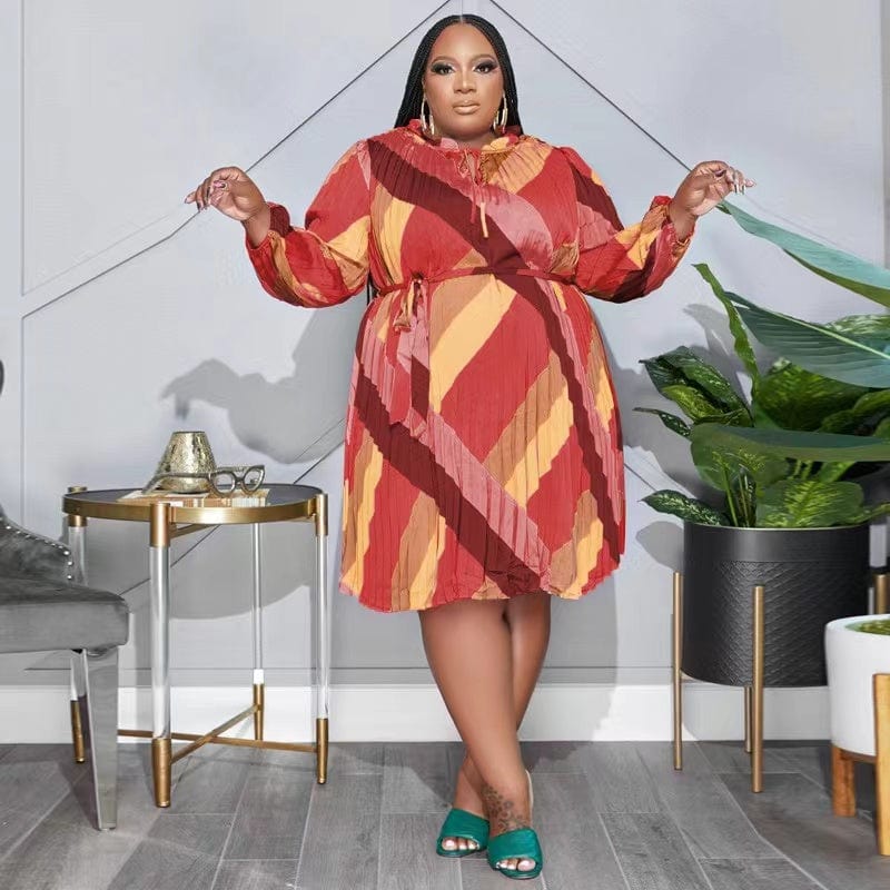 J&H 2023 new arrivals color print pleat fabric 5XL plus size dress for ladies fall fashion causal long sleeve dresses