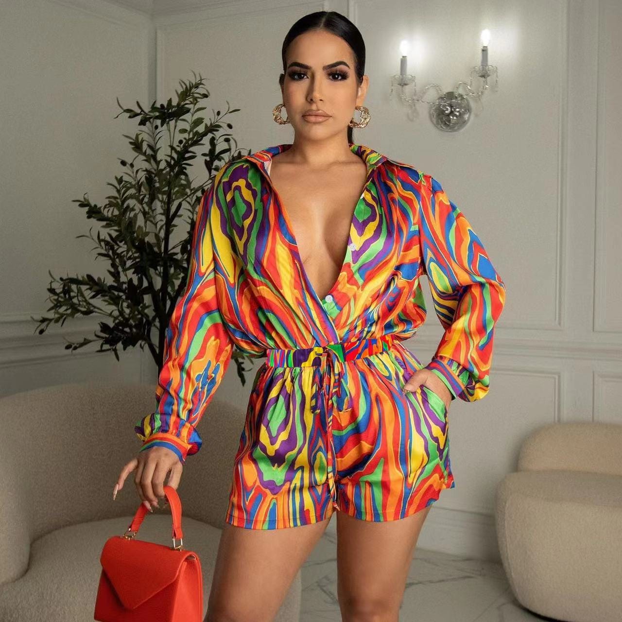 J&H 2023 new arrivals colorful printed long sleeve shirts shorts women fashion fall clothes casual streetwear