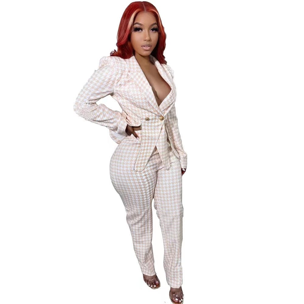J&H 2023 new arrivals fall winter pink houndstooth fabric women's suits slim fit blazer pants 2 piece office ladies formal wear