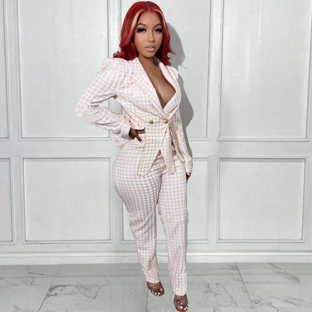 J&H 2023 new arrivals fall winter pink houndstooth fabric women's suits slim fit blazer pants 2 piece office ladies formal wear