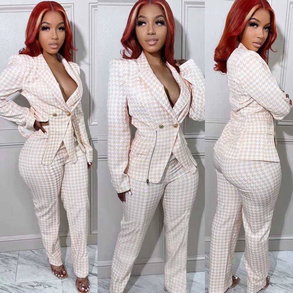 J&H 2023 new arrivals fall winter pink houndstooth fabric women's suits slim fit blazer pants 2 piece office ladies formal wear