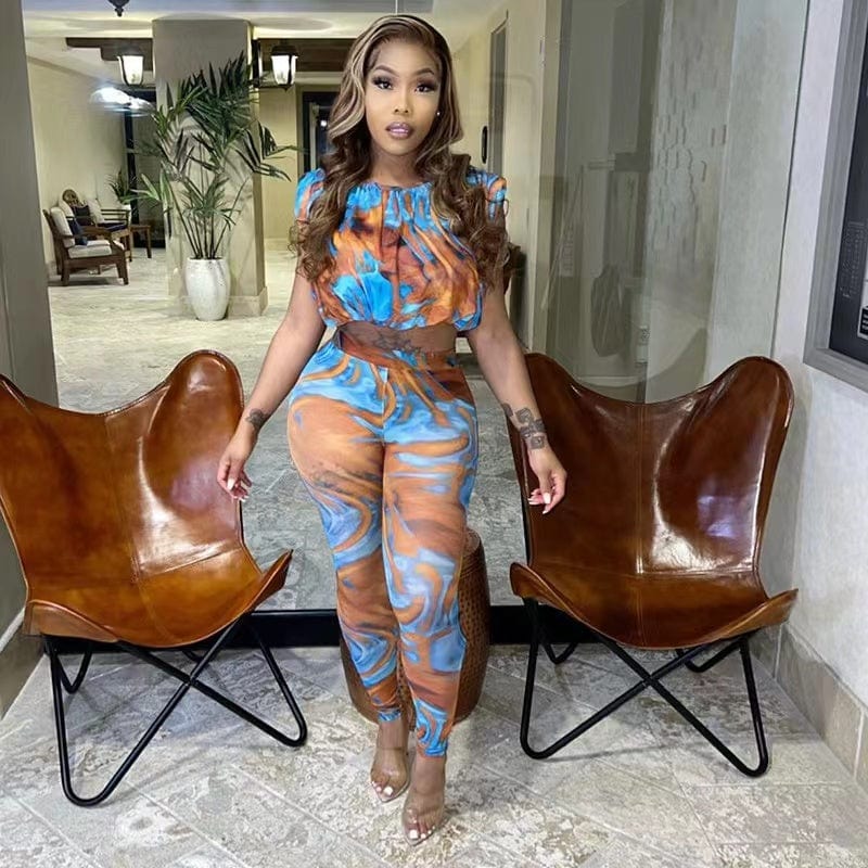 J&H 2023 new arrivals fashion print legging set ladies sexy slim fit printed shorts sleeve Ladies 2 piece fall outfits