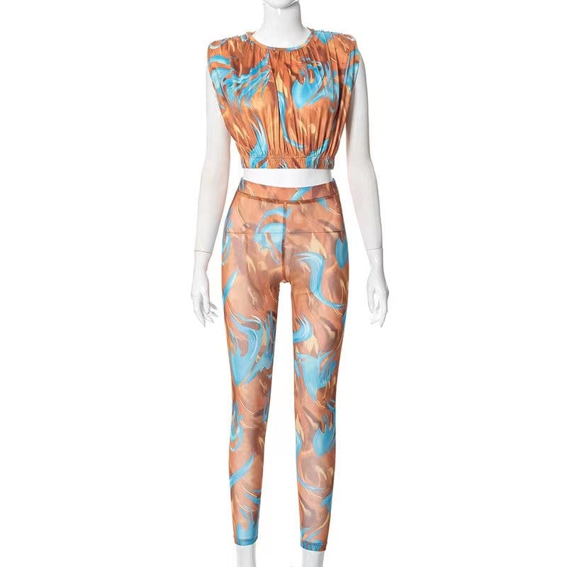 J&H 2023 new arrivals fashion print legging set ladies sexy slim fit printed shorts sleeve Ladies 2 piece fall outfits