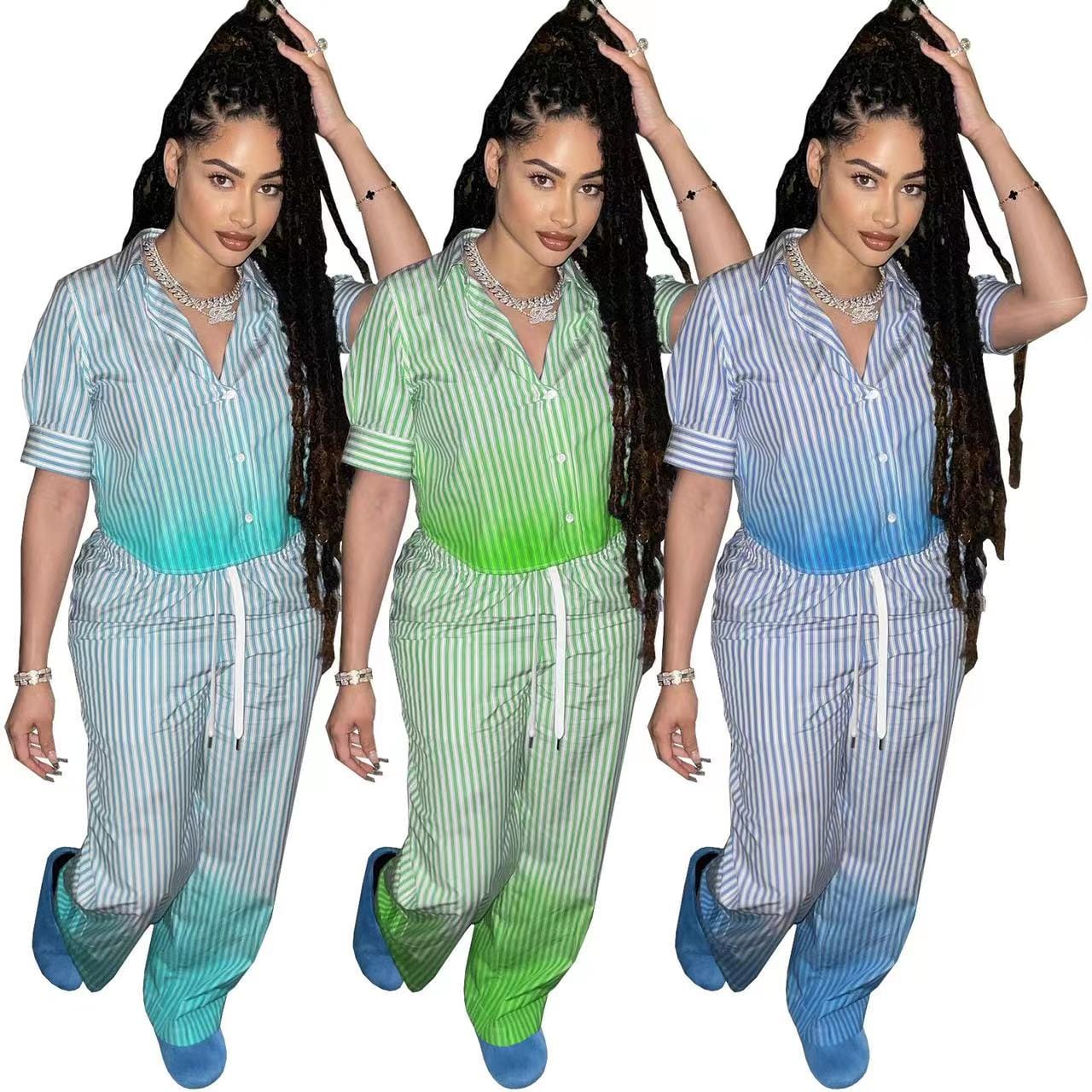 J&H 2023 new arrivals gradient striped outfits 2 piece pants set women short sleeve button shirts top set fashion casual wear