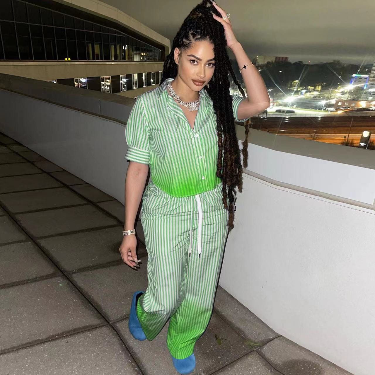 J&H 2023 new arrivals gradient striped outfits 2 piece pants set women short sleeve button shirts top set fashion casual wear
