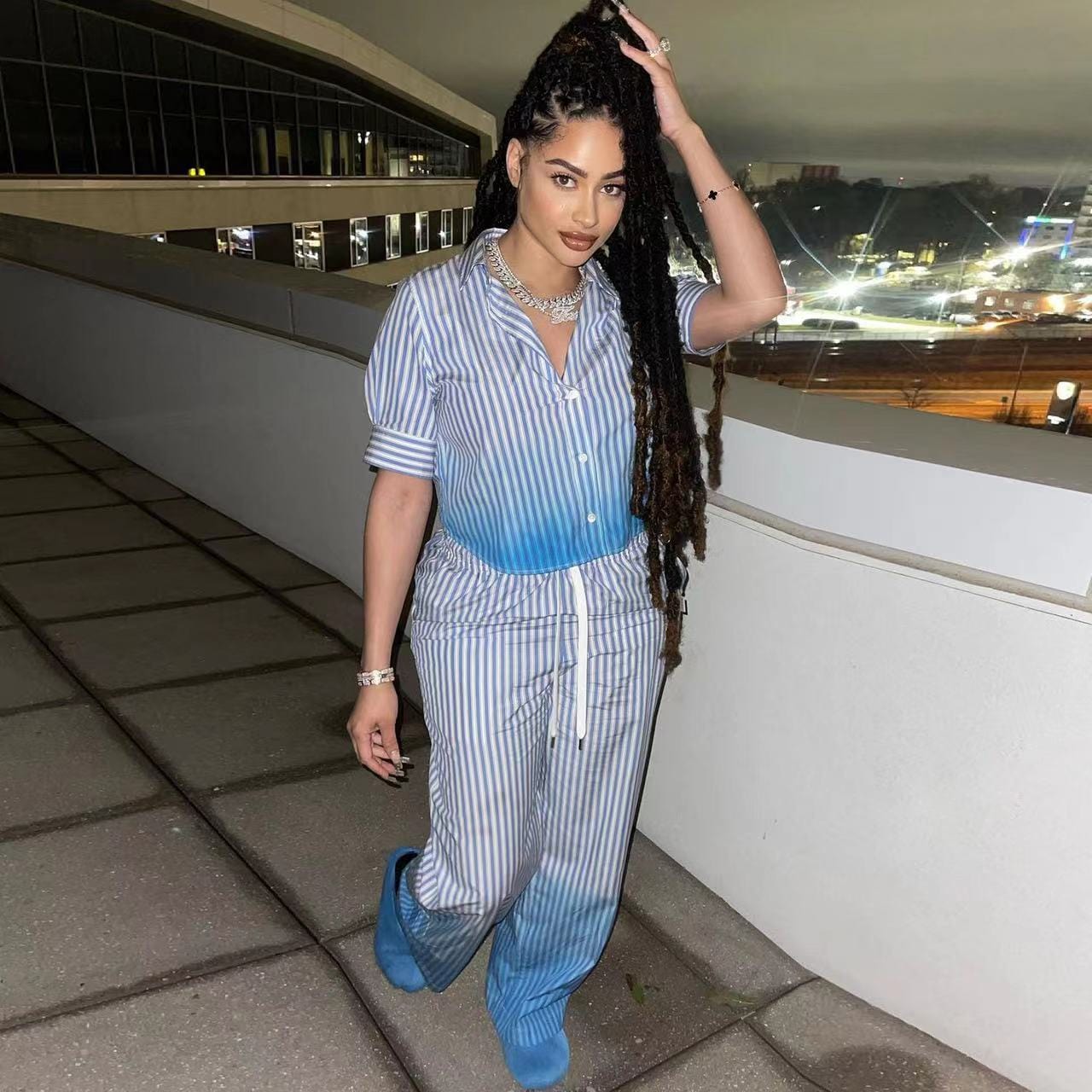 J&H 2023 new arrivals gradient striped outfits 2 piece pants set women short sleeve button shirts top set fashion casual wear