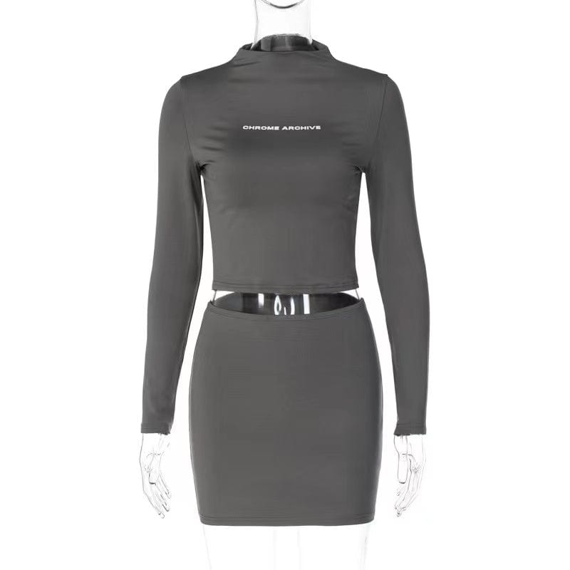 J&H 2023 new arrivals high stretchy elegance two piece mini skirts set women sexy long sleeve crop top Y2K clothing