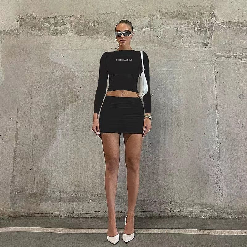 J&H 2023 new arrivals high stretchy elegance two piece mini skirts set women sexy long sleeve crop top Y2K clothing