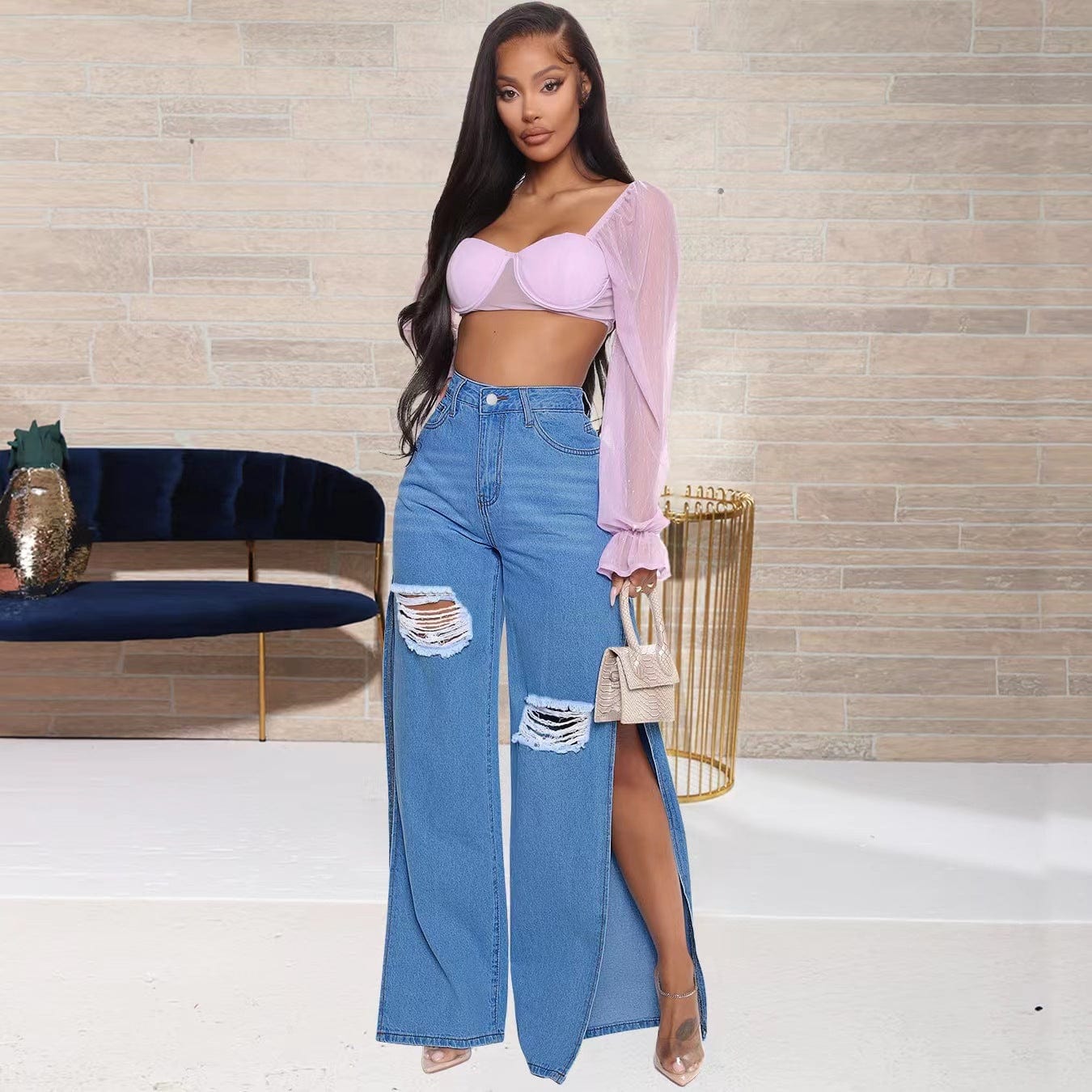 J&H 2023 new arrivals high waist wide leg jeans with high slit ladies chic ripped denim pants fashion causal trousers