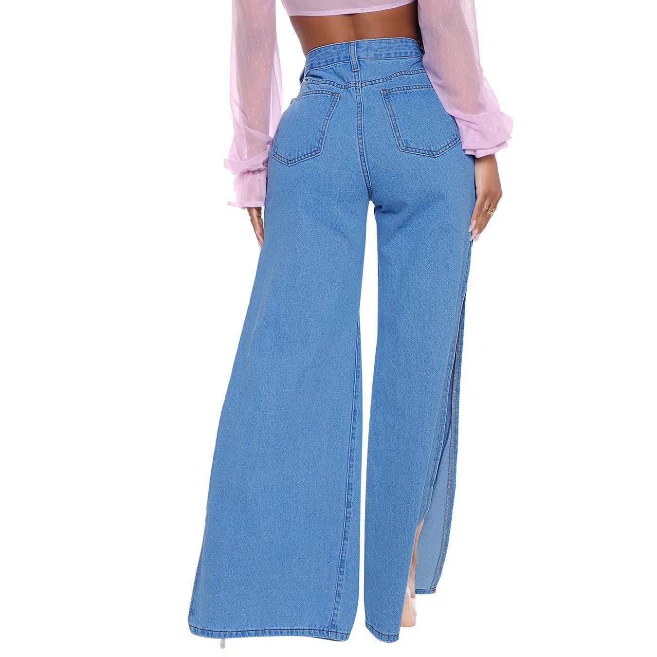 J&H 2023 new arrivals high waist wide leg jeans with high slit ladies chic ripped denim pants fashion causal trousers