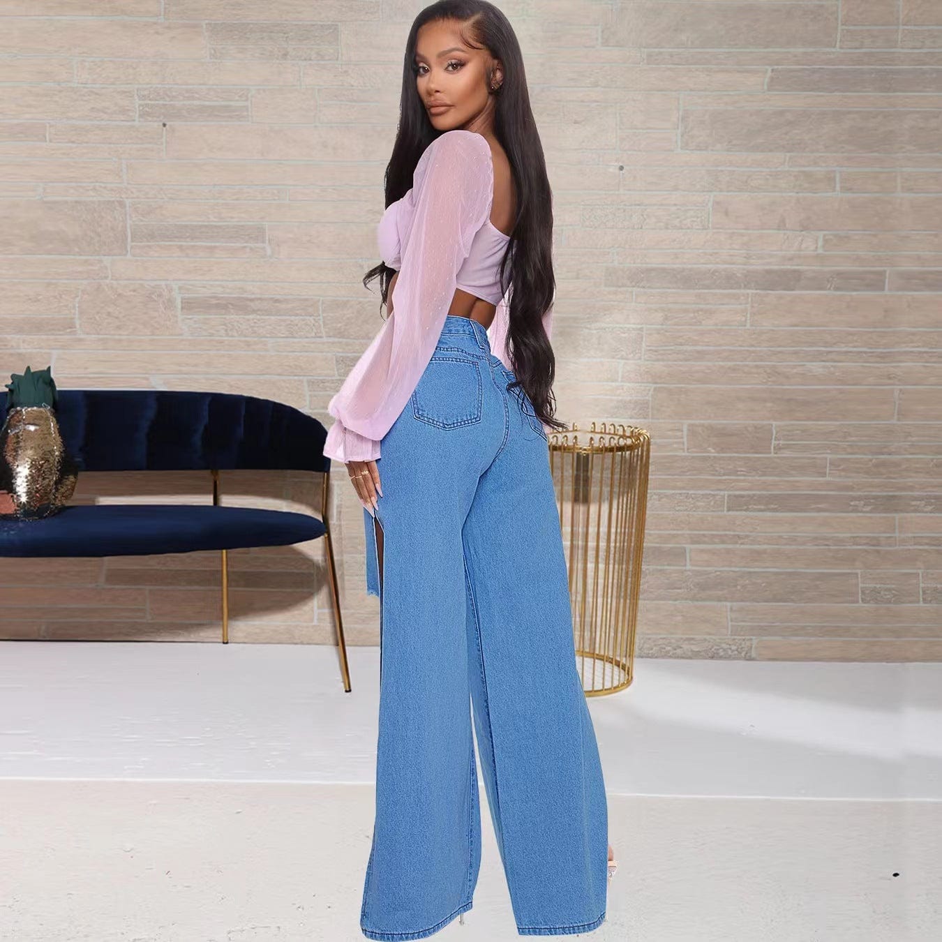 J&H 2023 new arrivals high waist wide leg jeans with high slit ladies chic ripped denim pants fashion causal trousers