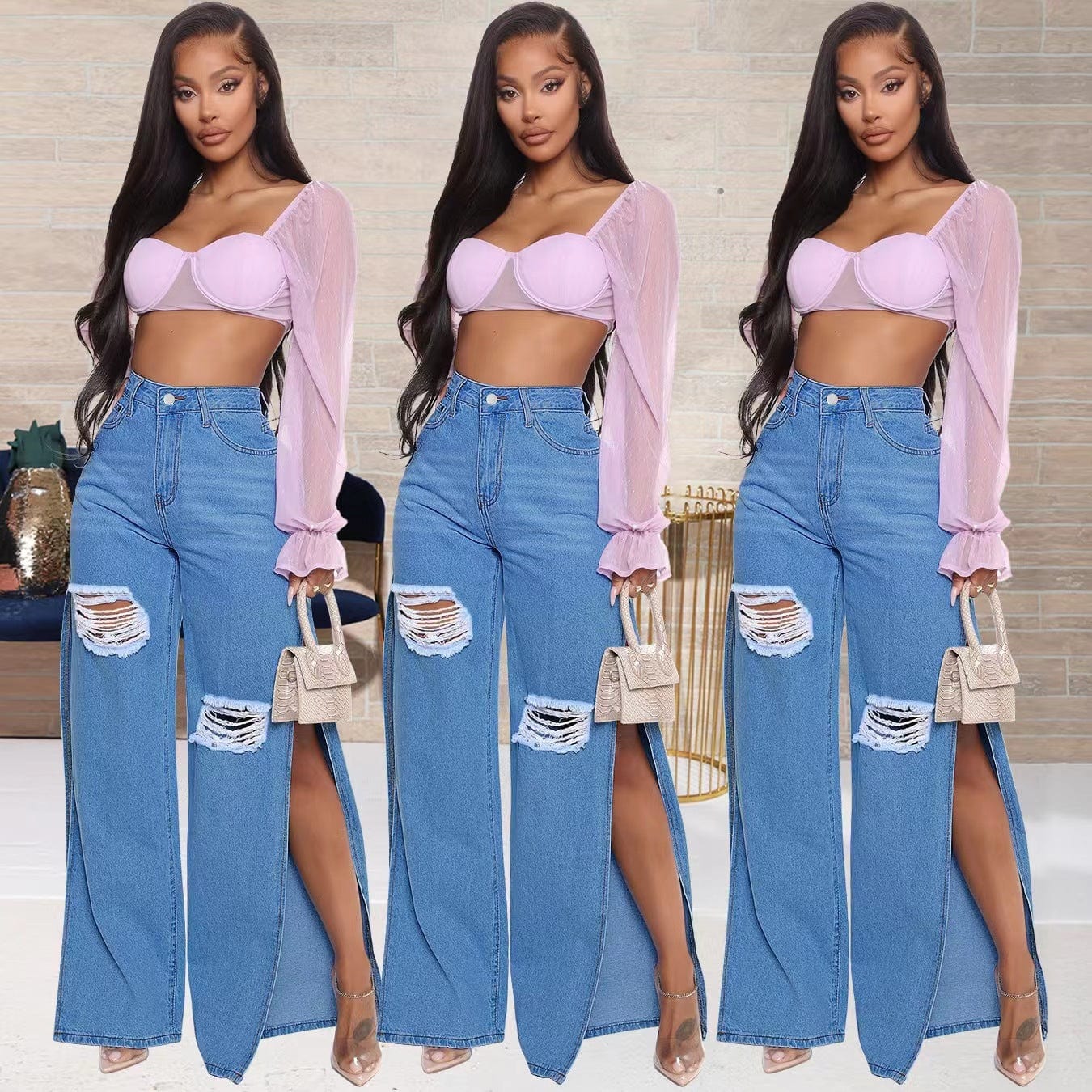 J&H 2023 new arrivals high waist wide leg jeans with high slit ladies chic ripped denim pants fashion causal trousers