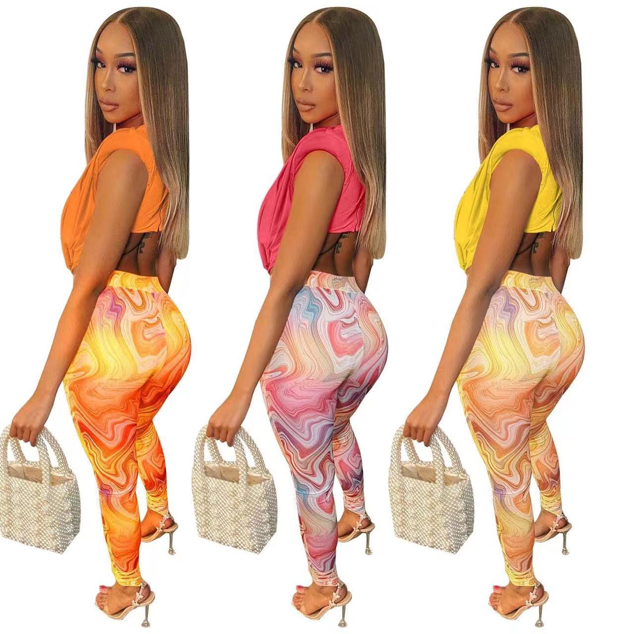 J&H 2023 new arrivals hot sale printed leggings women sexy blouse crop top two piece pants set chic club outfits