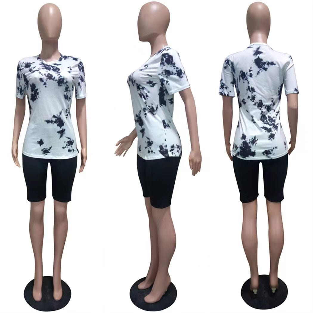 J&H 2023 new arrivals hot sale tie dye oversized tshirt 2 piece shorts set women summer activewear sets