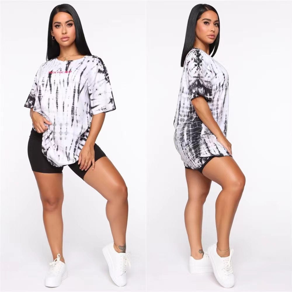 J&H 2023 new arrivals hot sale tie dye oversized tshirt 2 piece shorts set women summer activewear sets