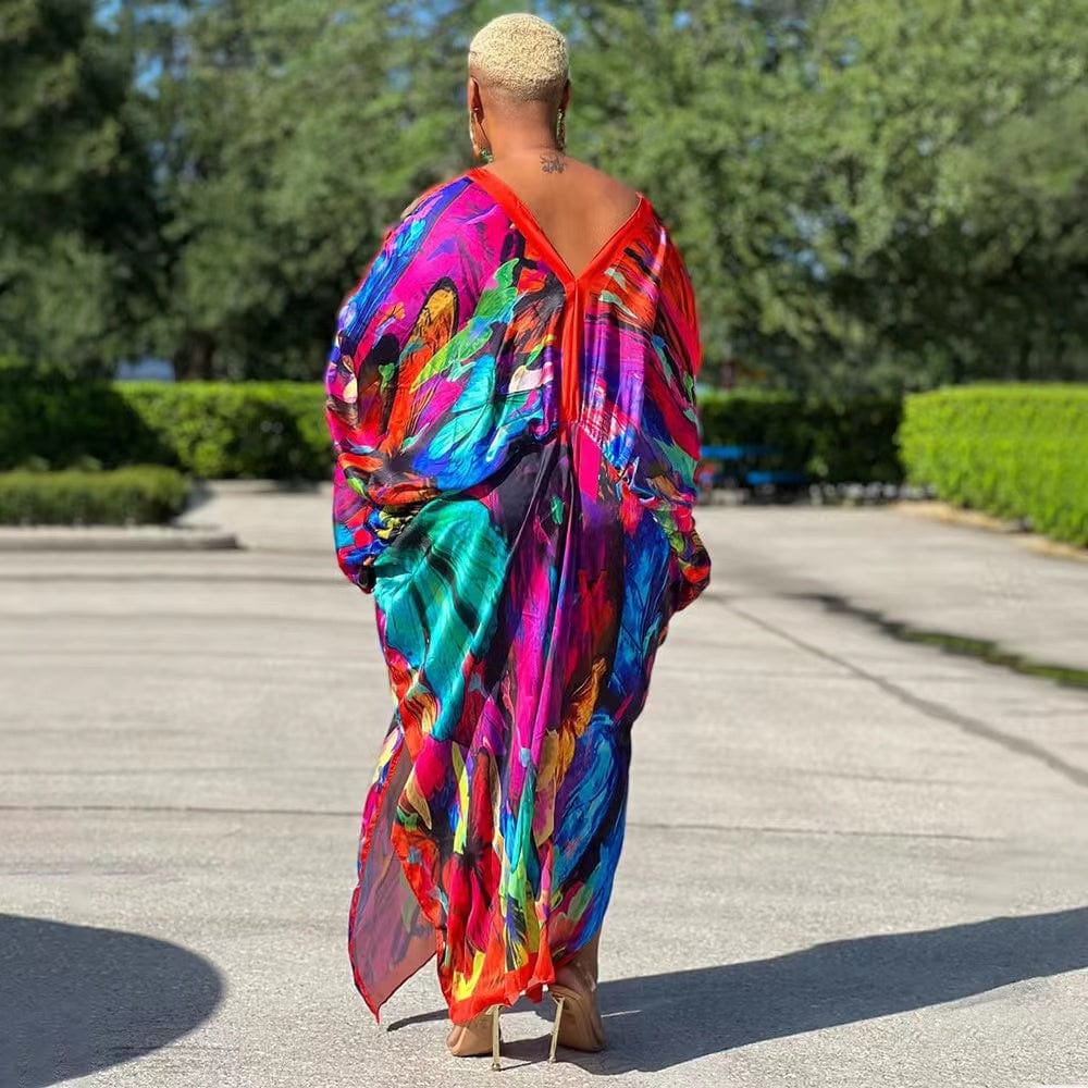 J&H 2023 new arrivals maxi satin robes Africa design printed loose dress fall fashion plus size kaftan dresses