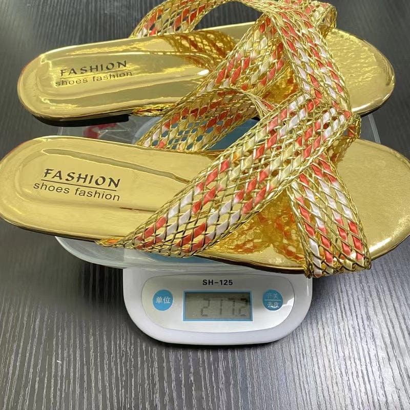 J&H 2023 new arrivals metallic color slides slipper women fashion cross strap flat sandals summer chic causal outdoor footwear