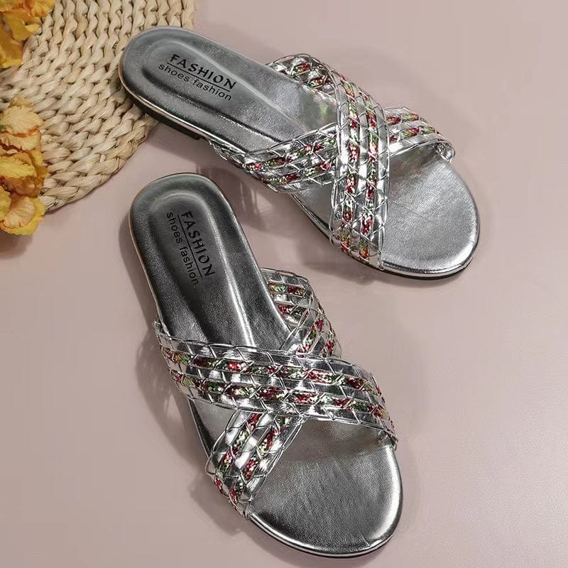 J&H 2023 new arrivals metallic color slides slipper women fashion cross strap flat sandals summer chic causal outdoor footwear