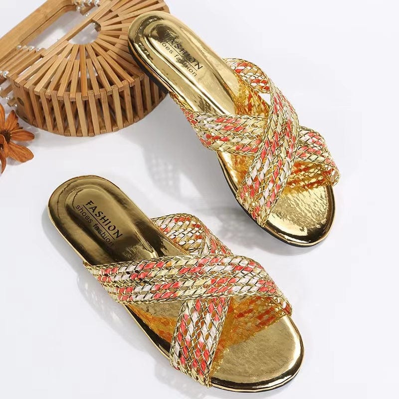 J&H 2023 new arrivals metallic color slides slipper women fashion cross strap flat sandals summer chic causal outdoor footwear