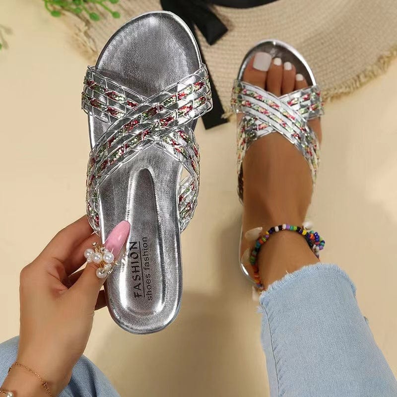 J&H 2023 new arrivals metallic color slides slipper women fashion cross strap flat sandals summer chic causal outdoor footwear