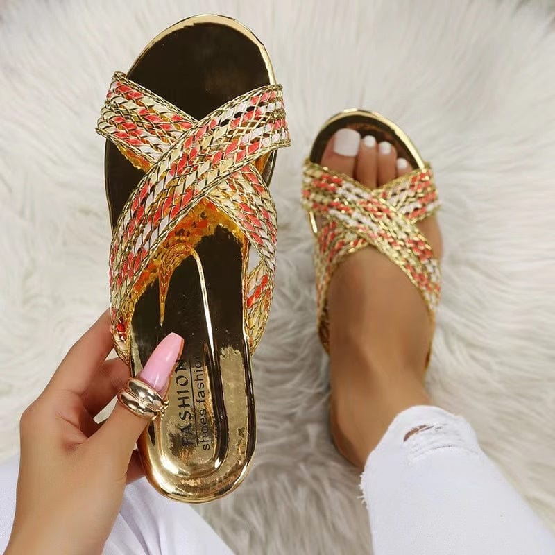 J&H 2023 new arrivals metallic color slides slipper women fashion cross strap flat sandals summer chic causal outdoor footwear