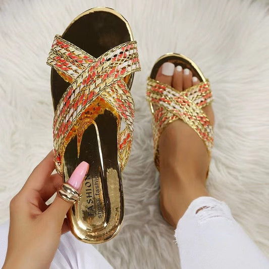 J&H 2023 new arrivals metallic color slides slipper women fashion cross strap flat sandals summer chic causal outdoor footwear
