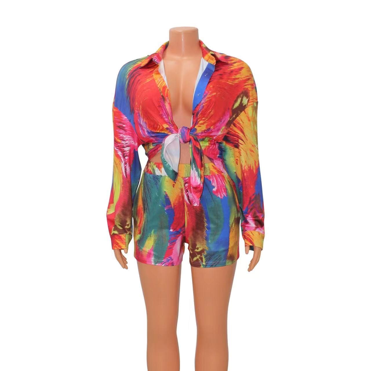 J&H 2023 new arrivals oversized tie dye shirts shorts two piece ladies lounge wear set fashion long sleeve tops and mini shorts