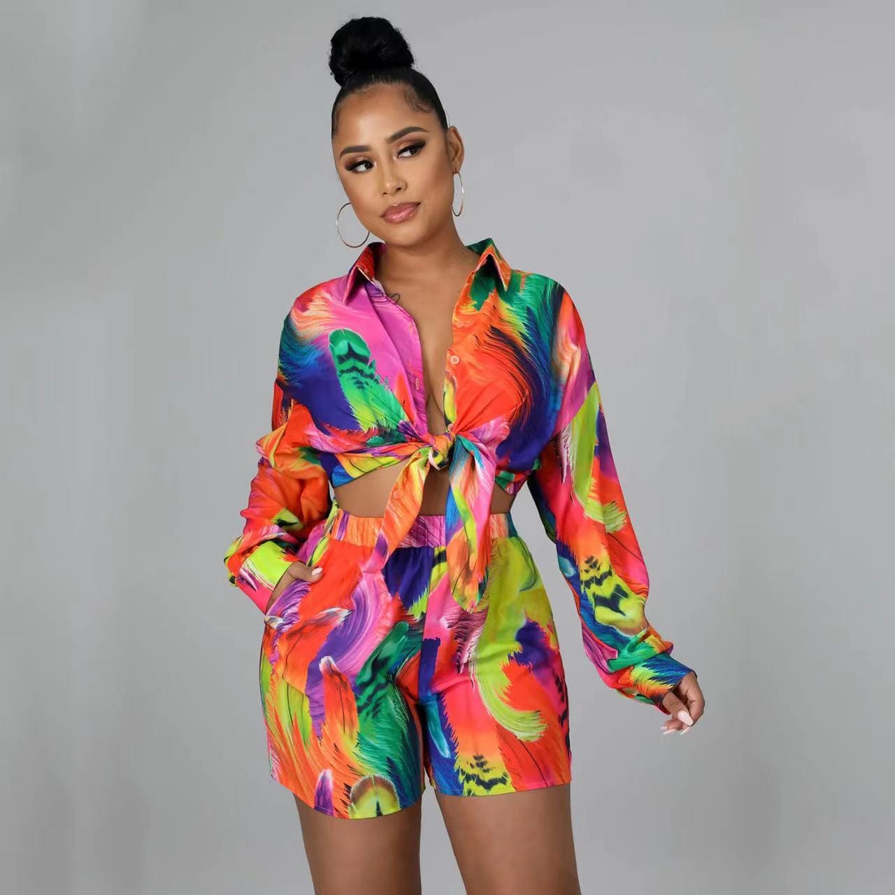 J&H 2023 new arrivals oversized tie dye shirts shorts two piece ladies lounge wear set fashion long sleeve tops and mini shorts