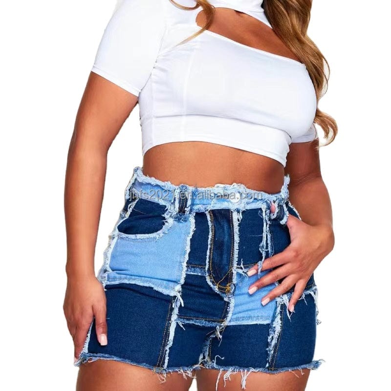 J&H 2023 new arrivals patchwork denim jeans shorts chic design ladies fashion high waist shorts mujer jeans sexy slim fit