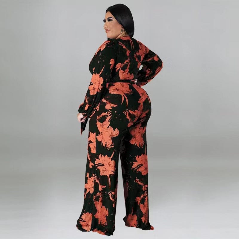 J&H 2023 new arrivals plus size fall women clothes sexy v neck palazzo pants suits chic floral print wide leg jumpsuits casual