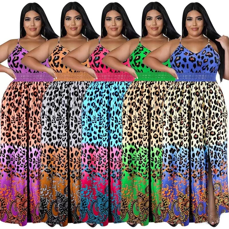 J&H 2023 new arrivals S-5XL plus size women dress sexy cheetah print maxi dress sundresses vacation party dresses
