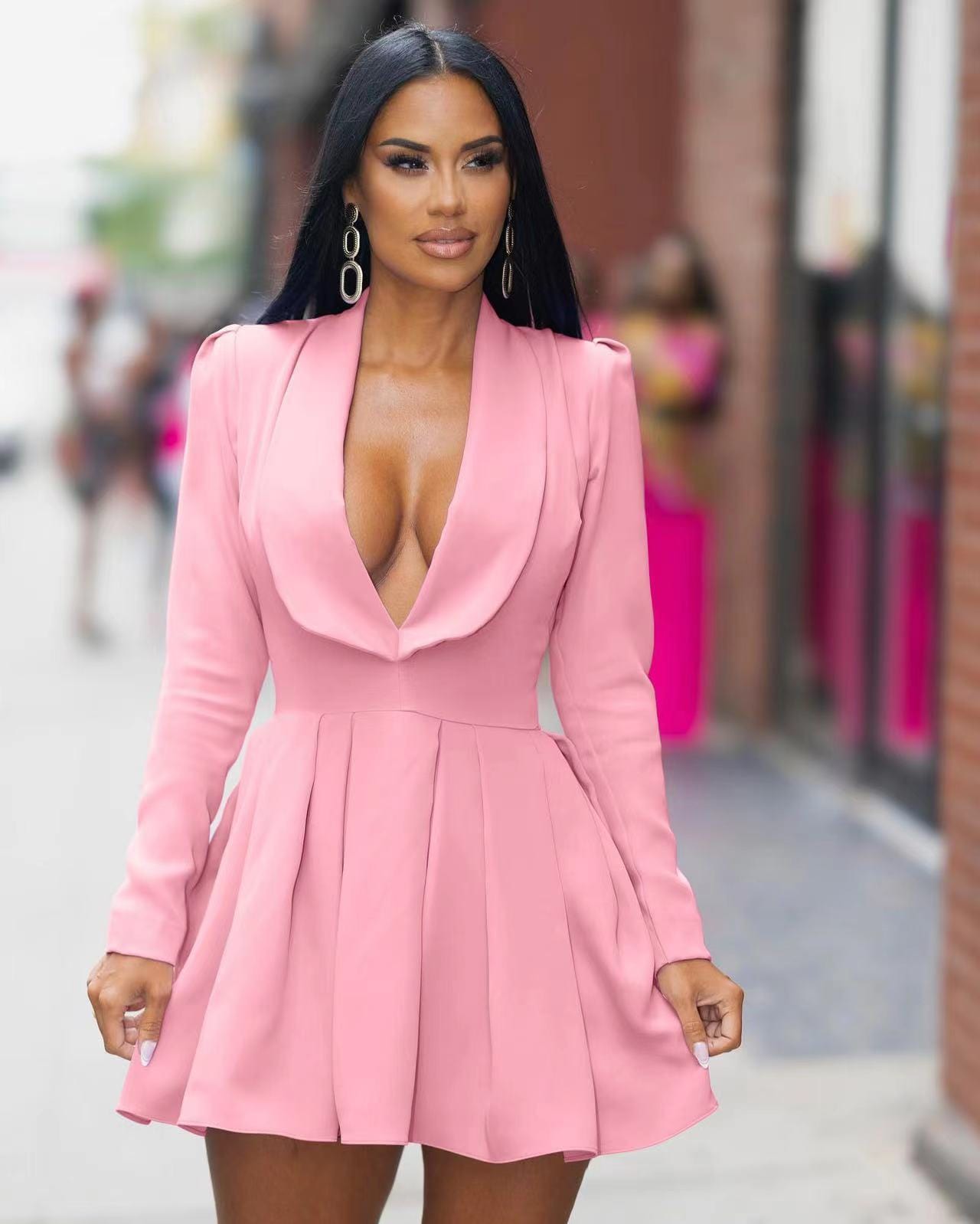 J&H 2023 new arrivals sexy deep v neck pleat mini dress ladies long sleeve lovely fall dress y2k clothing