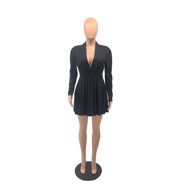 J&H 2023 new arrivals sexy deep v neck pleat mini dress ladies long sleeve lovely fall dress y2k clothing