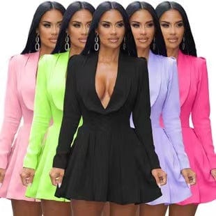 J&H 2023 new arrivals sexy deep v neck pleat mini dress ladies long sleeve lovely fall dress y2k clothing