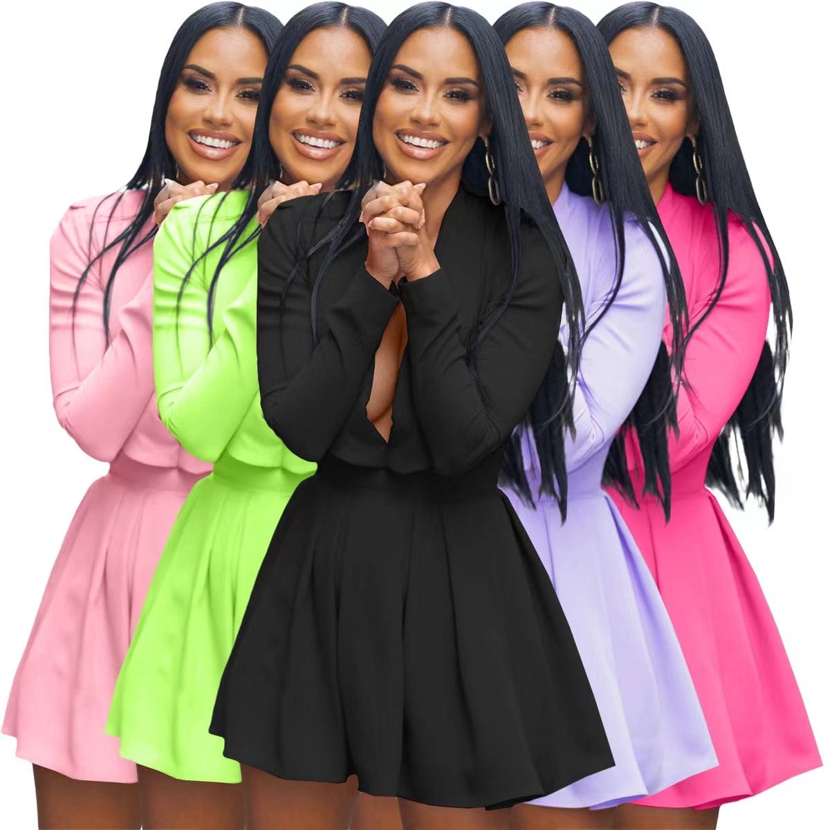 J&H 2023 new arrivals sexy deep v neck pleat mini dress ladies long sleeve lovely fall dress y2k clothing
