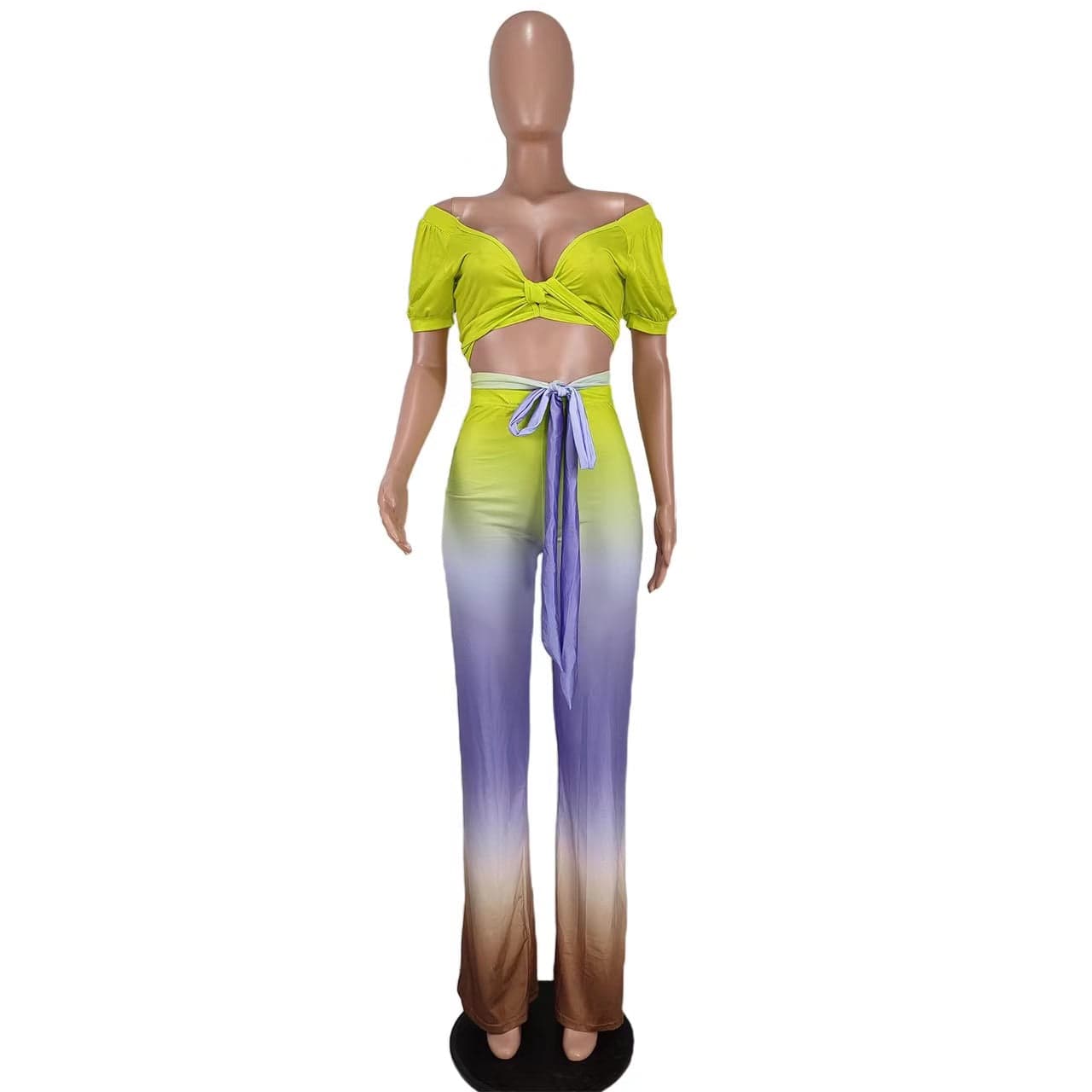 J&H 2023 new arrivals sexy v neck crop top and lace up loose pants fall women clothes fashion tie dye color casual outfits