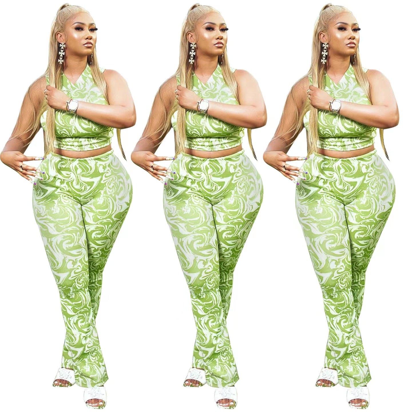 J&H 2023 new arrivals sleeveless green 2 piece pants set summer fashion slim fit sexy outfits for women casual style