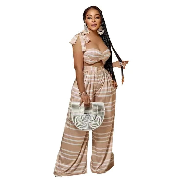 J&H 2023 new arrivals striped floor length wide leg pants crop top 2 piece set sexy slim fit palazzo pants vacation outfits
