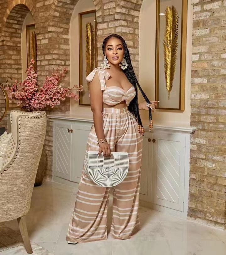 J&H 2023 new arrivals striped floor length wide leg pants crop top 2 piece set sexy slim fit palazzo pants vacation outfits