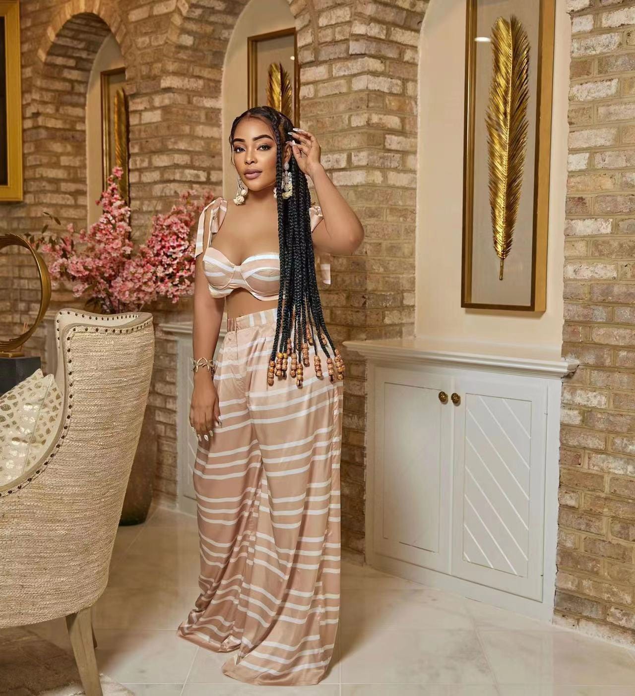 J&H 2023 new arrivals striped floor length wide leg pants crop top 2 piece set sexy slim fit palazzo pants vacation outfits