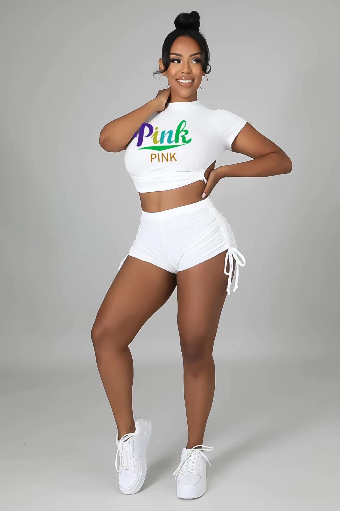 J&H 2023 new arrivals summer sexy solid color letter printed Crop top 2 piece high waist shorts set slim fit workout clothes