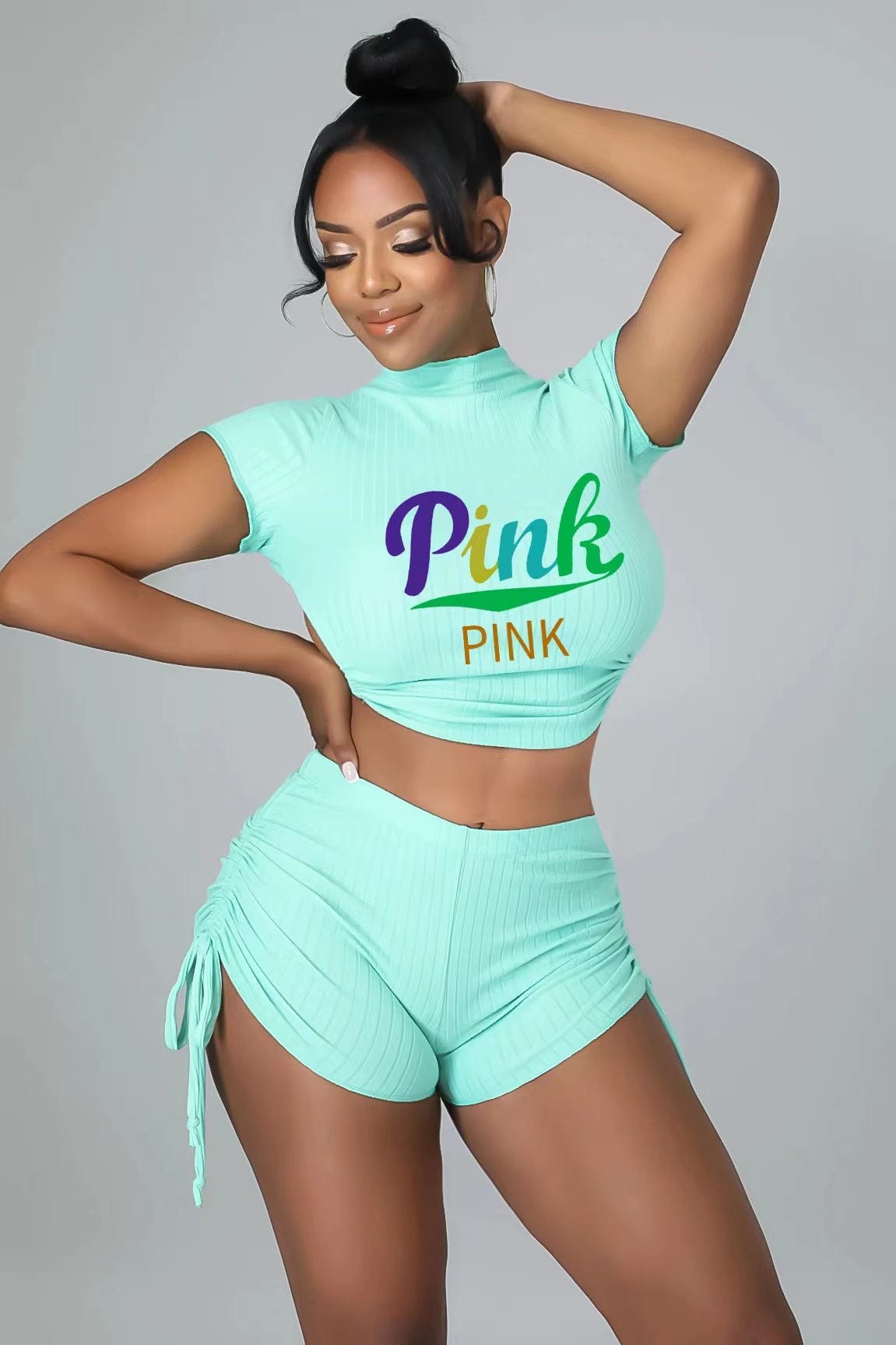 J&H 2023 new arrivals summer sexy solid color letter printed Crop top 2 piece high waist shorts set slim fit workout clothes