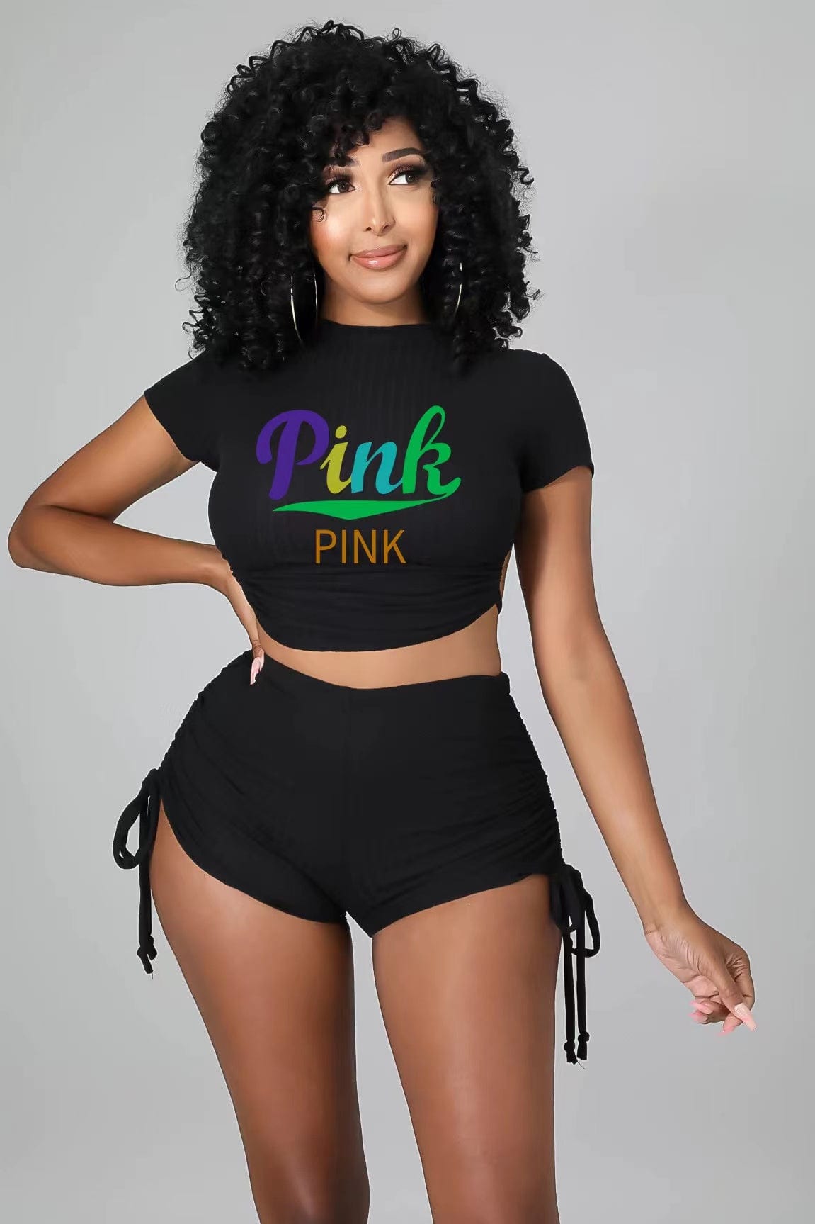 J&H 2023 new arrivals summer sexy solid color letter printed Crop top 2 piece high waist shorts set slim fit workout clothes