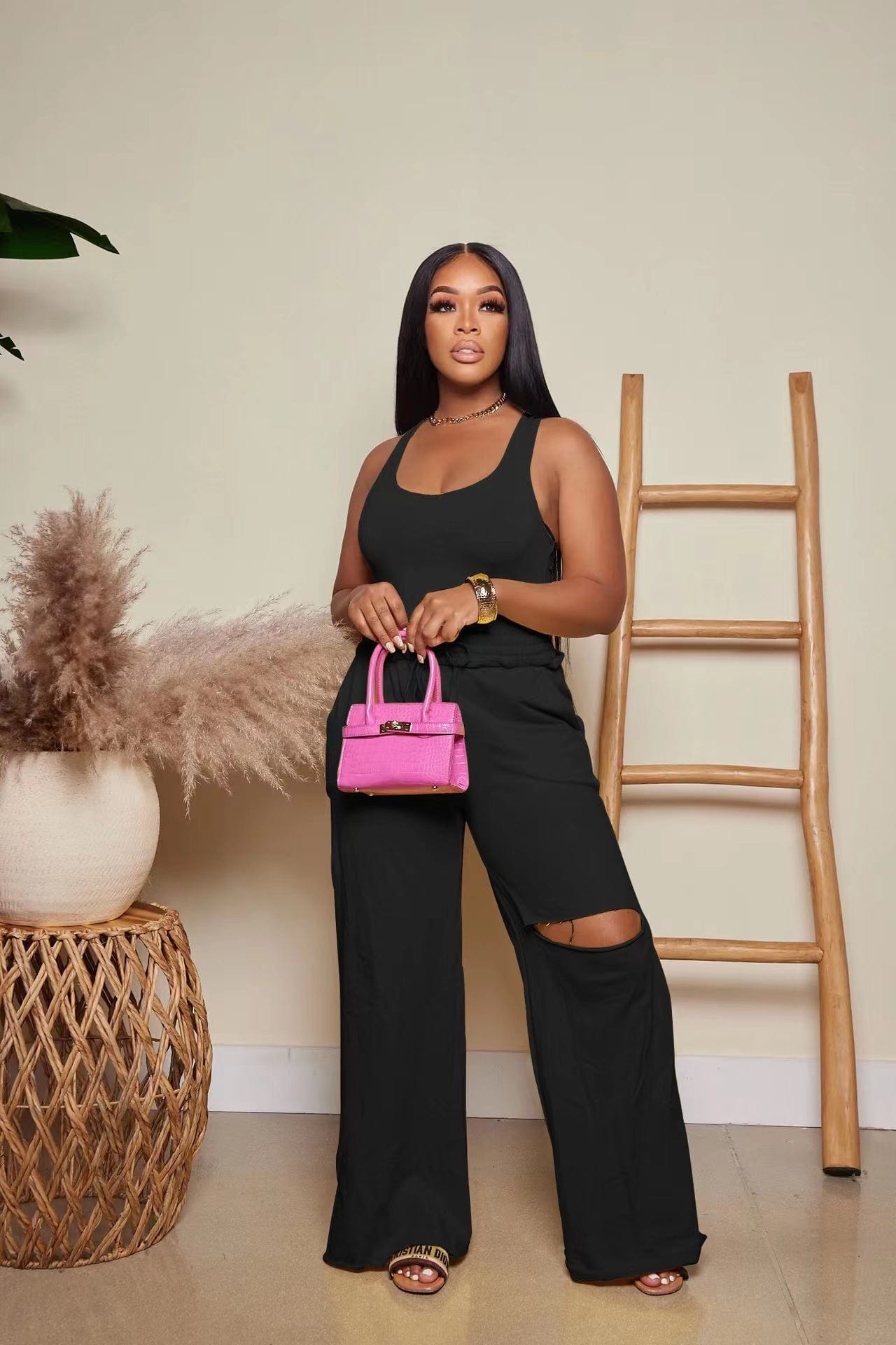 J&H 2023 new arrivals tank top and wide leg pants 2 piece set ladies plain outfits slim fit casual wear