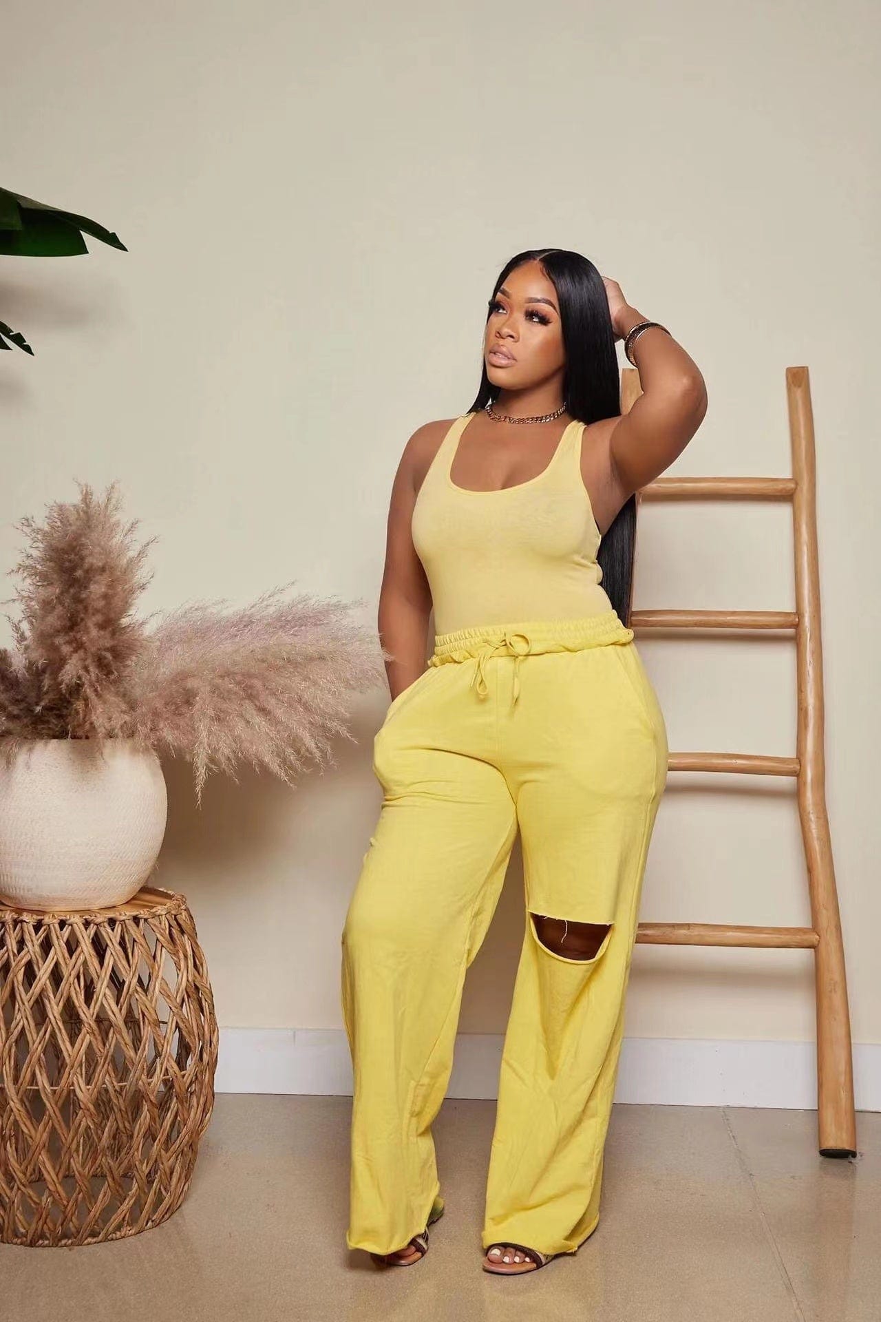 J&H 2023 new arrivals tank top and wide leg pants 2 piece set ladies plain outfits slim fit casual wear