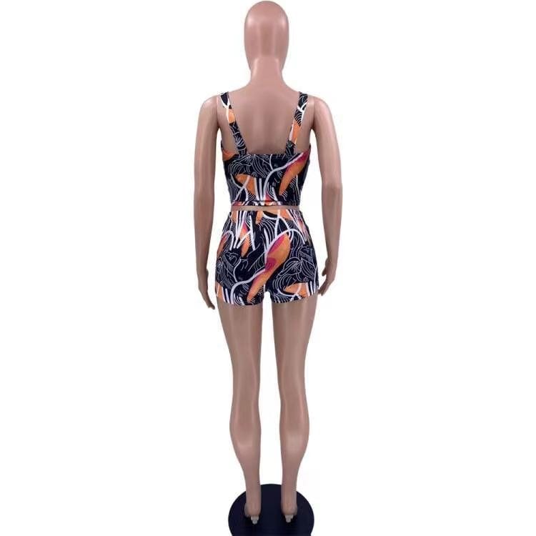 J&H 2023 new arrivals trendy printed mini shorts women sexy tank crop top 2 piece summer sets sexy vacation outfits