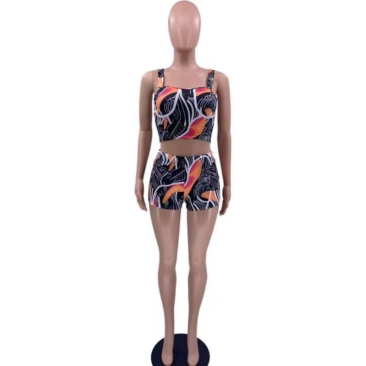 J&H 2023 new arrivals trendy printed mini shorts women sexy tank crop top 2 piece summer sets sexy vacation outfits