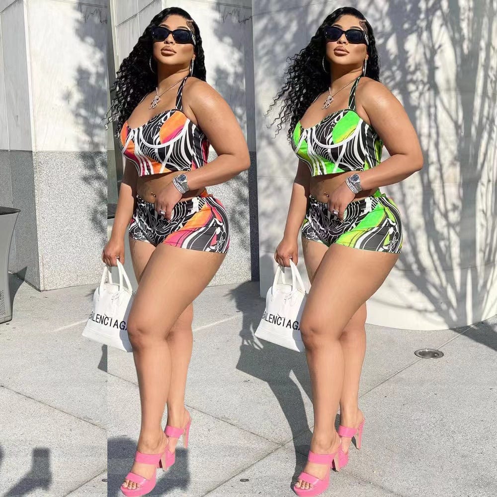 J&H 2023 new arrivals trendy printed mini shorts women sexy tank crop top 2 piece summer sets sexy vacation outfits