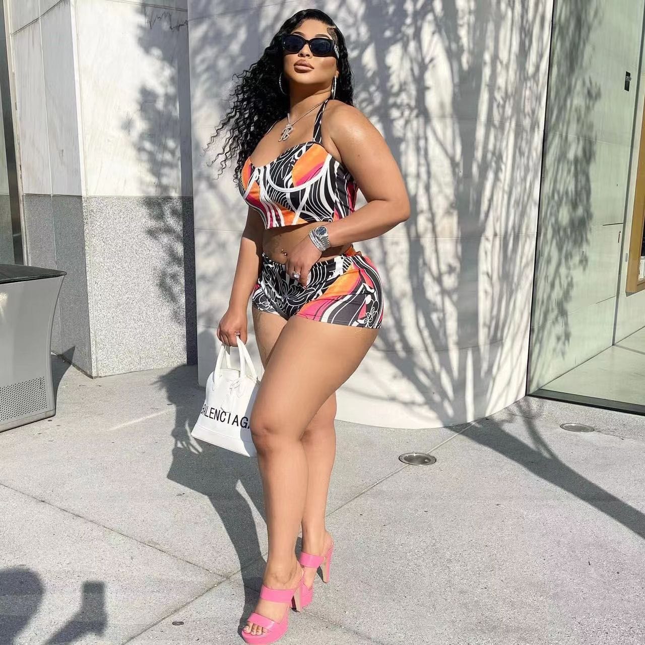J&H 2023 new arrivals trendy printed mini shorts women sexy tank crop top 2 piece summer sets sexy vacation outfits